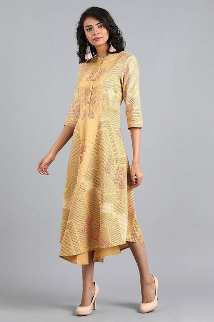 Yellow Mandarin Neck Printed Dress - wforwoman