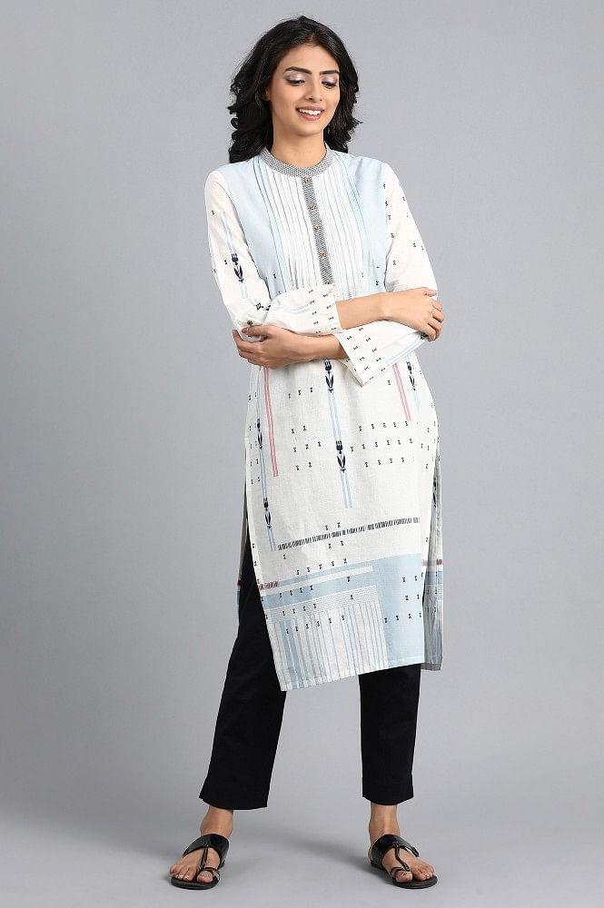 White Mandarin Neck Printed kurta - wforwoman