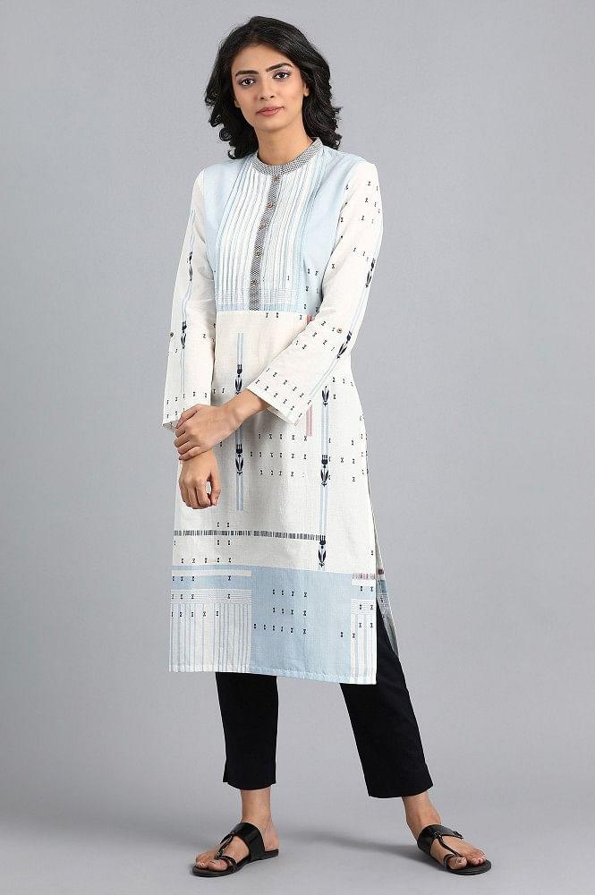 White Mandarin Neck Printed kurta - wforwoman