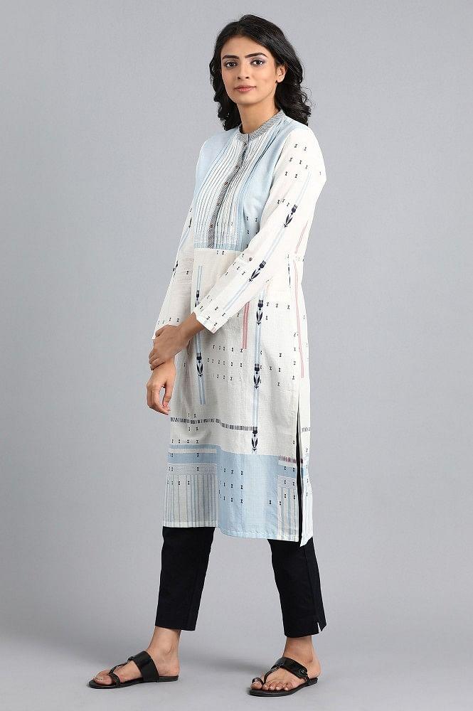 White Mandarin Neck Printed kurta - wforwoman