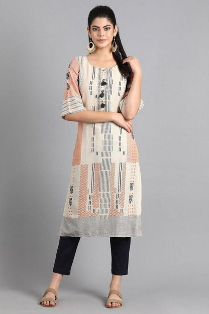 Beige Round Neck Printed kurta - wforwoman