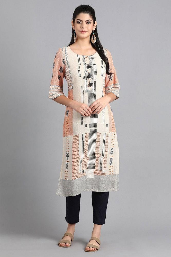 Beige Round Neck Printed kurta - wforwoman