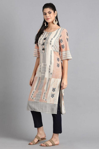 Beige Round Neck Printed kurta - wforwoman