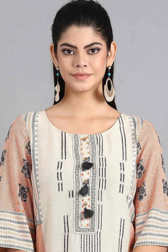 Beige Round Neck Printed kurta - wforwoman