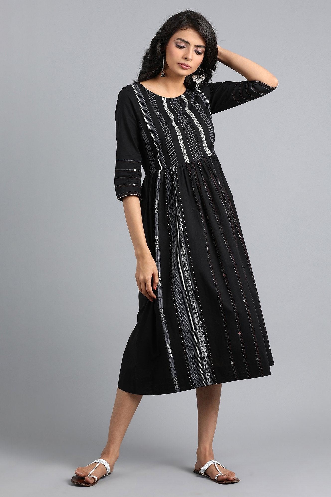 Black Round Neck Printed Dress - wforwoman