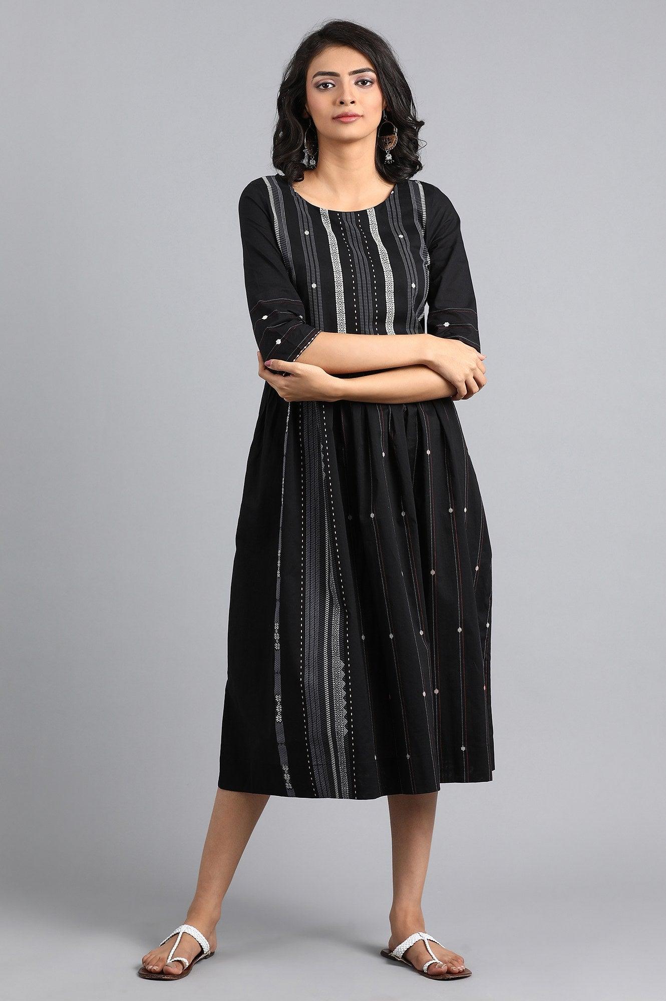 Black Round Neck Printed Dress - wforwoman