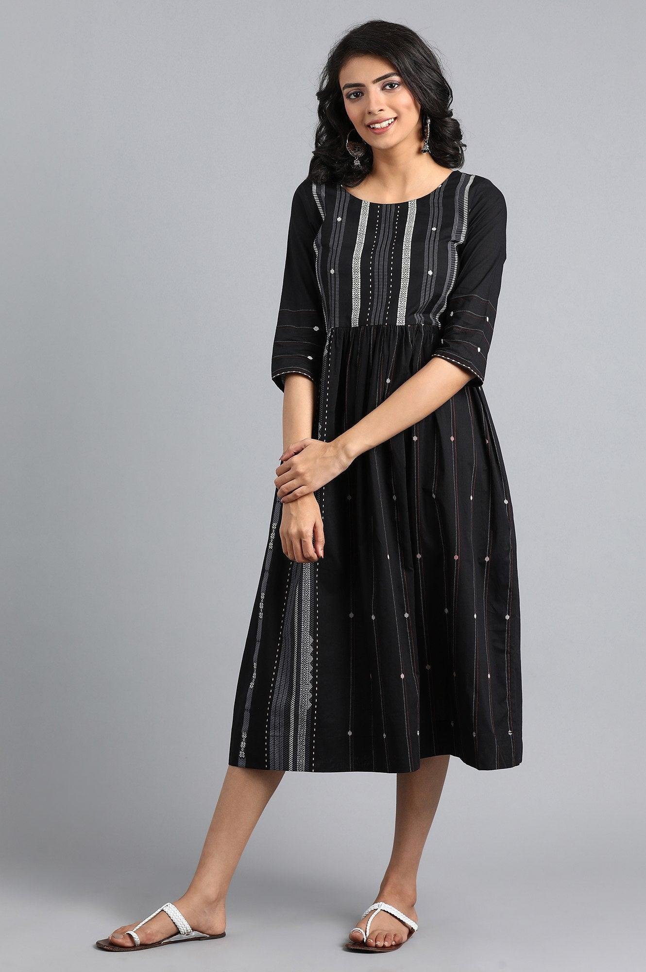 Black Round Neck Printed Dress - wforwoman