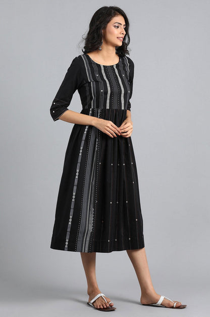 Black Round Neck Printed Dress - wforwoman