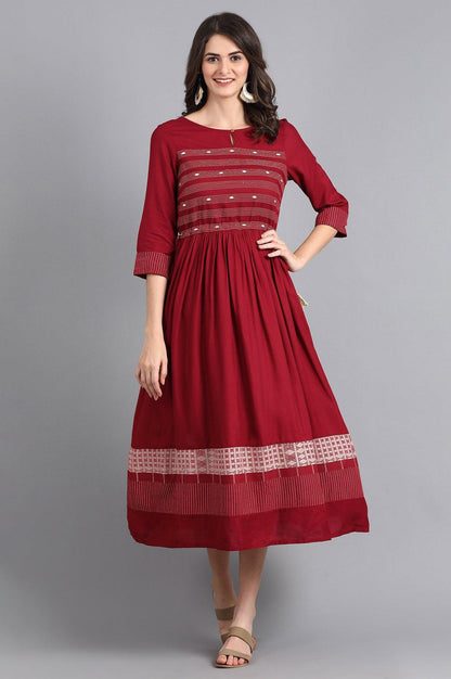 Maroon Round Neck Gathered Dress - wforwoman