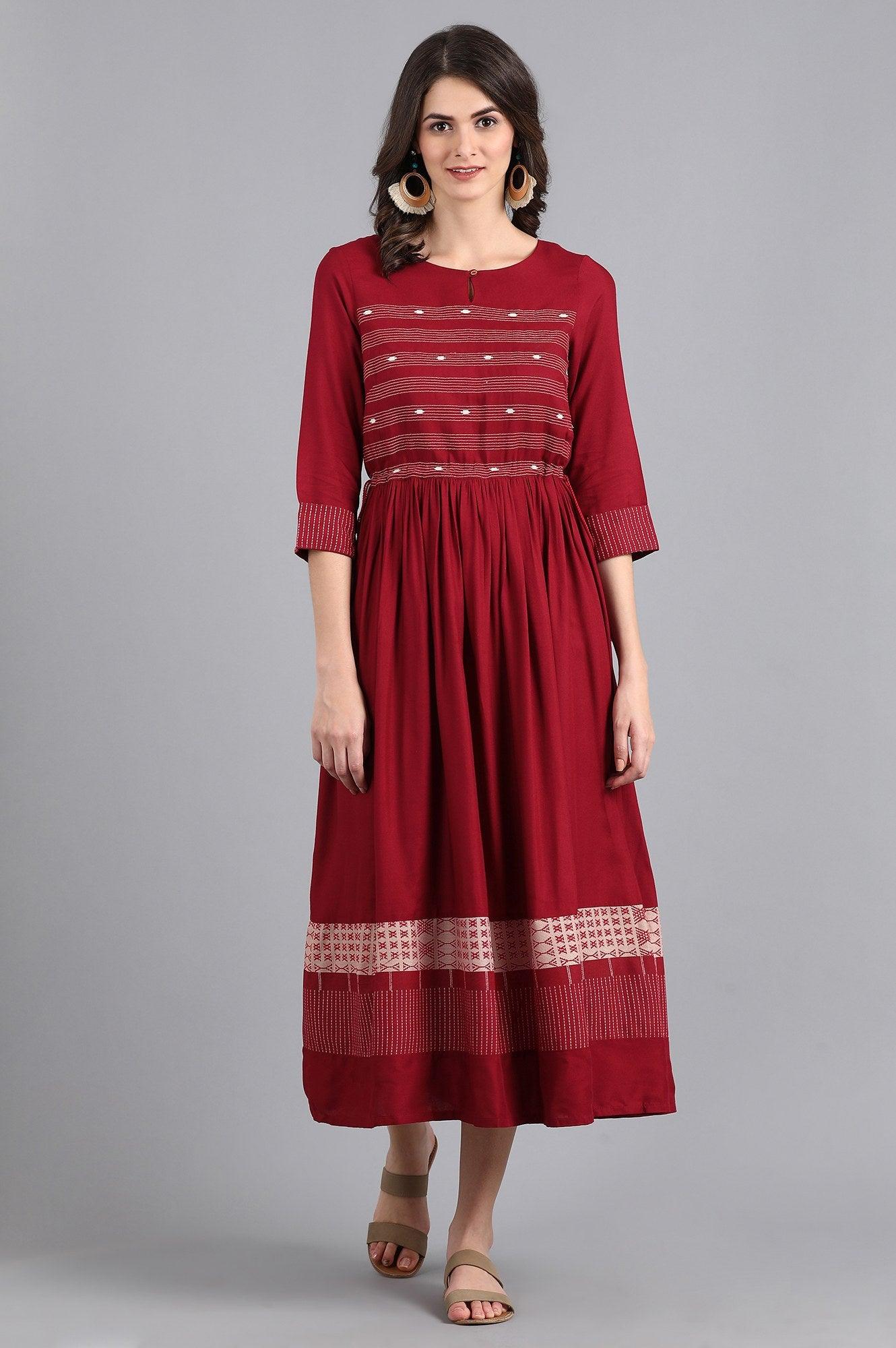 Maroon Round Neck Gathered Dress - wforwoman