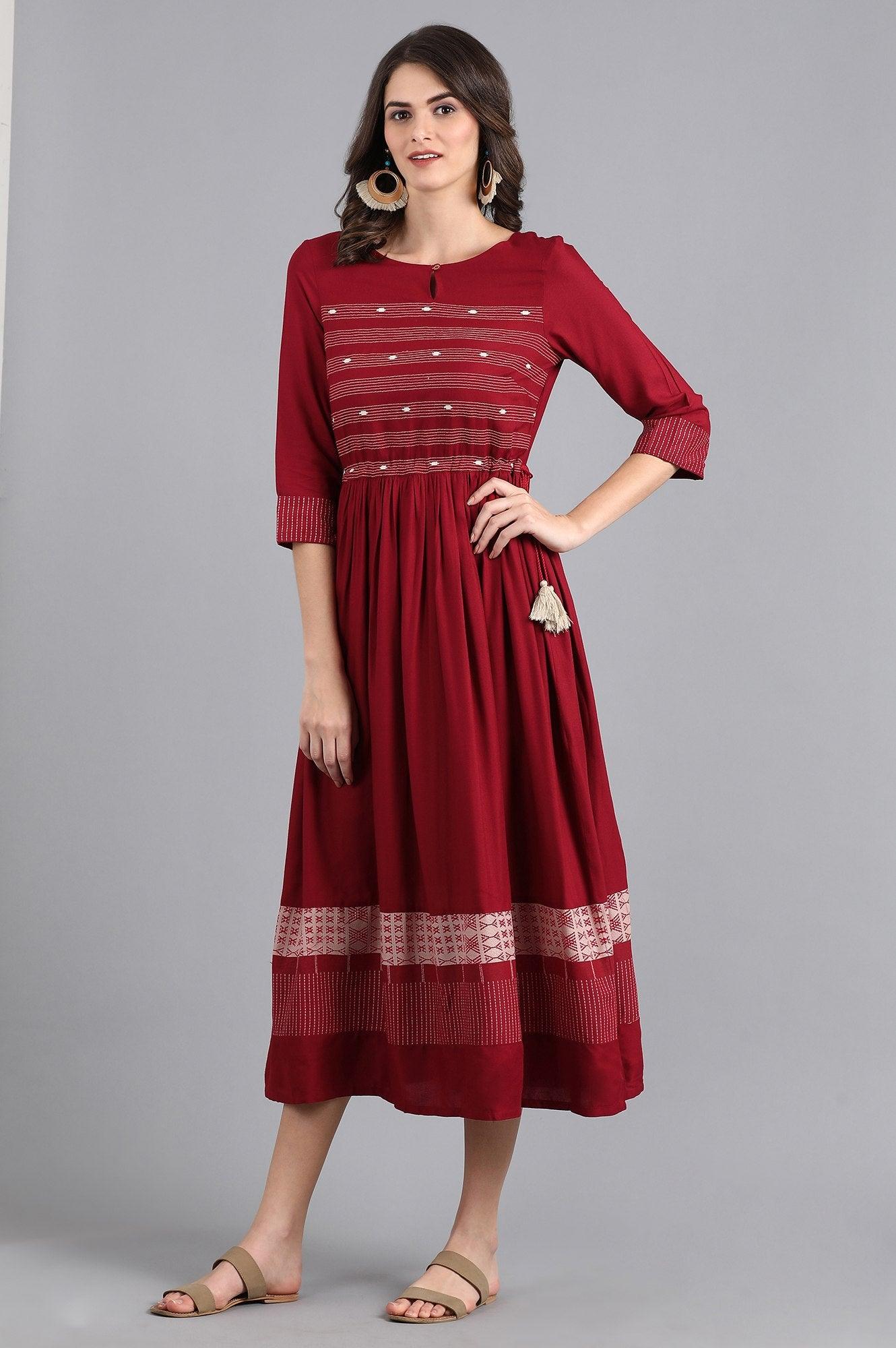 Maroon Round Neck Gathered Dress - wforwoman