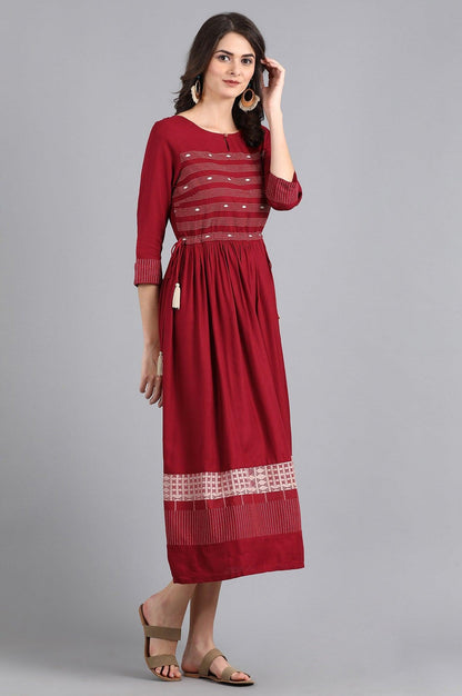 Maroon Round Neck Gathered Dress - wforwoman