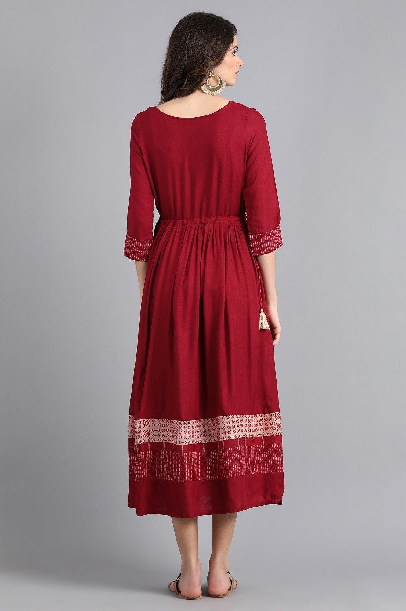 Maroon Round Neck Gathered Dress - wforwoman