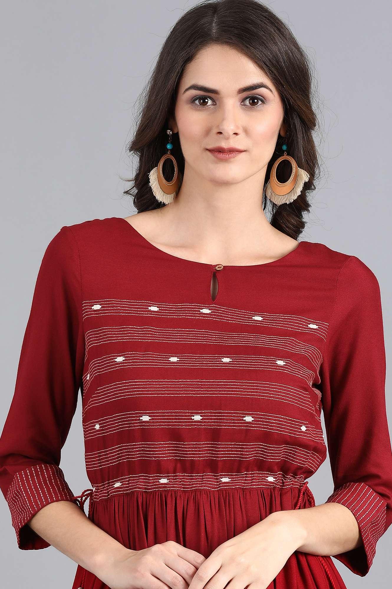 Maroon Round Neck Gathered Dress - wforwoman