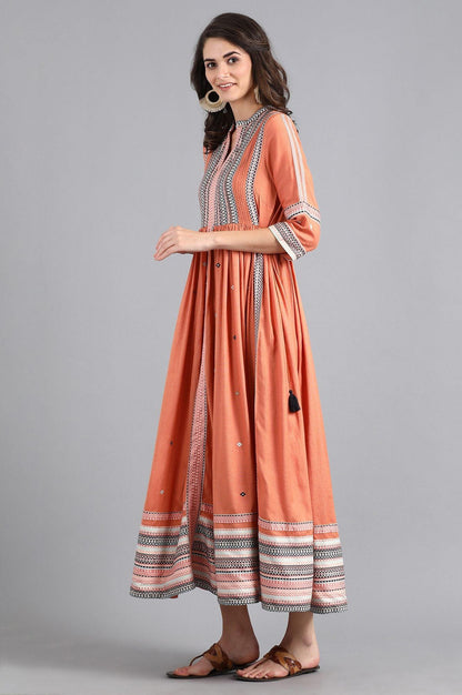 Orange Mandarin Neck Gathered Dress - wforwoman