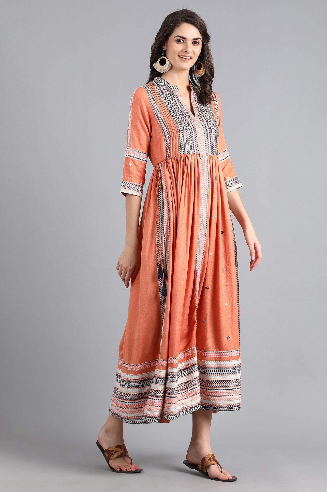 Orange Mandarin Neck Gathered Dress - wforwoman