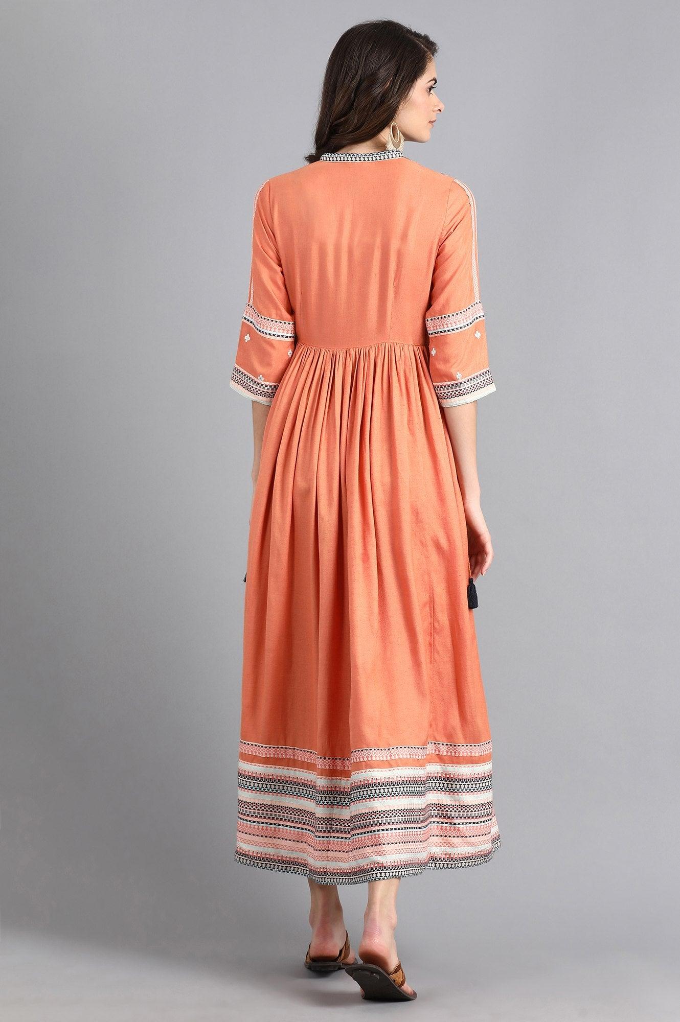 Orange Mandarin Neck Gathered Dress - wforwoman