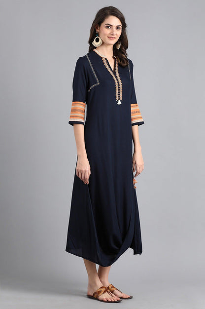 Blue Mandarin Neck Cowl Dress - wforwoman