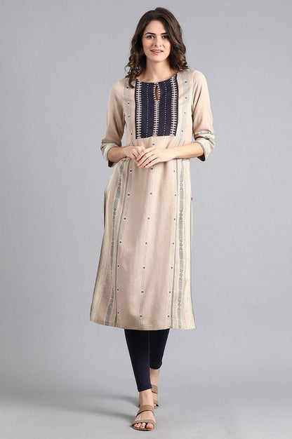 Beige Mandarin Neck Embroidered kurta - wforwoman