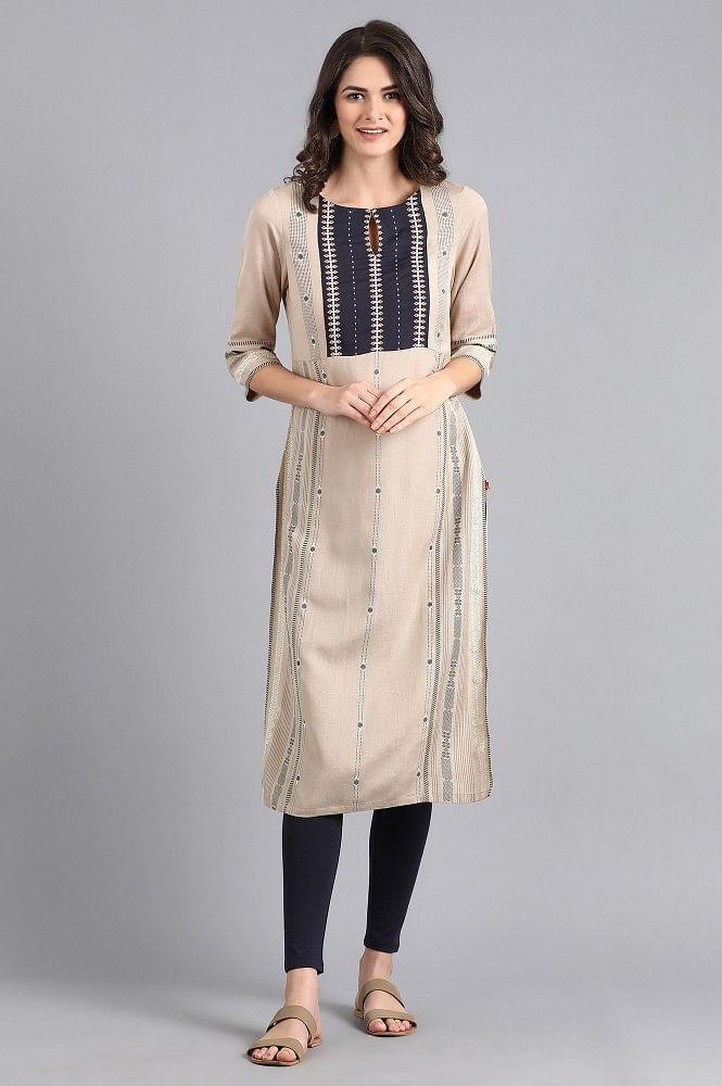 Beige Mandarin Neck Embroidered kurta - wforwoman