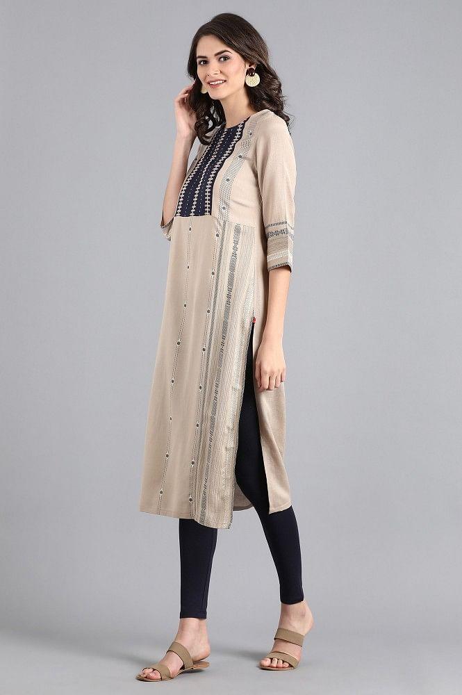 Beige Mandarin Neck Embroidered kurta - wforwoman