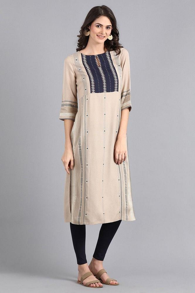 Beige Mandarin Neck Embroidered kurta - wforwoman