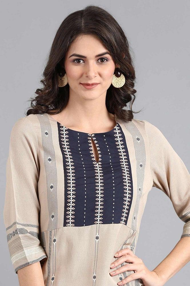 Beige Mandarin Neck Embroidered kurta - wforwoman