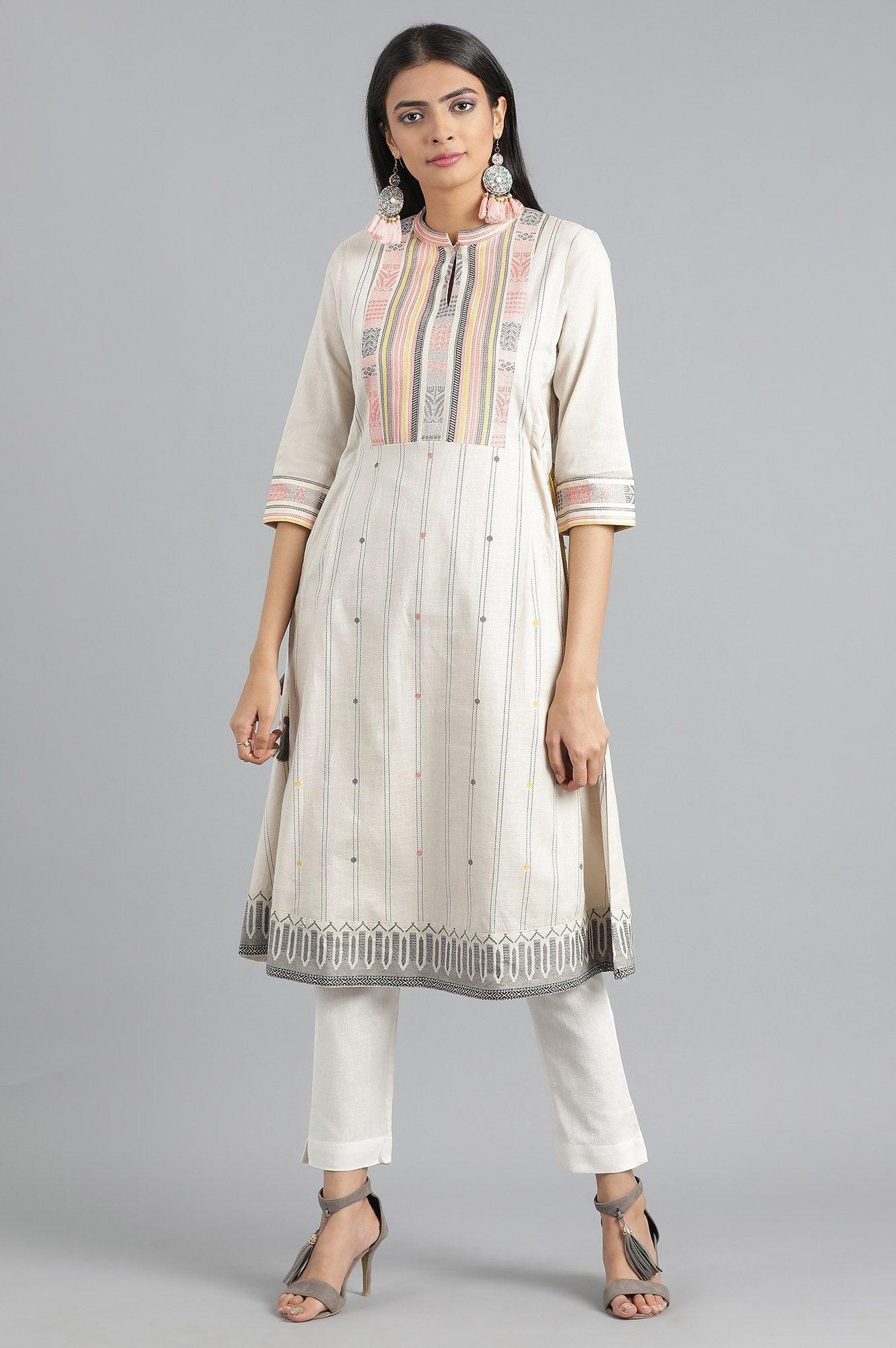 Beige Mandarin Neck Embroidered Dress - wforwoman