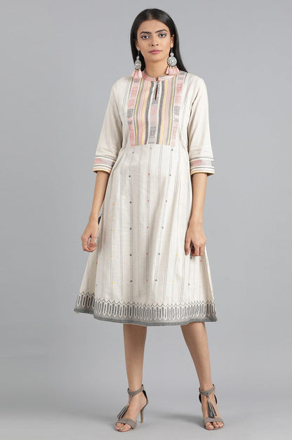 Beige Mandarin Neck Embroidered Dress - wforwoman