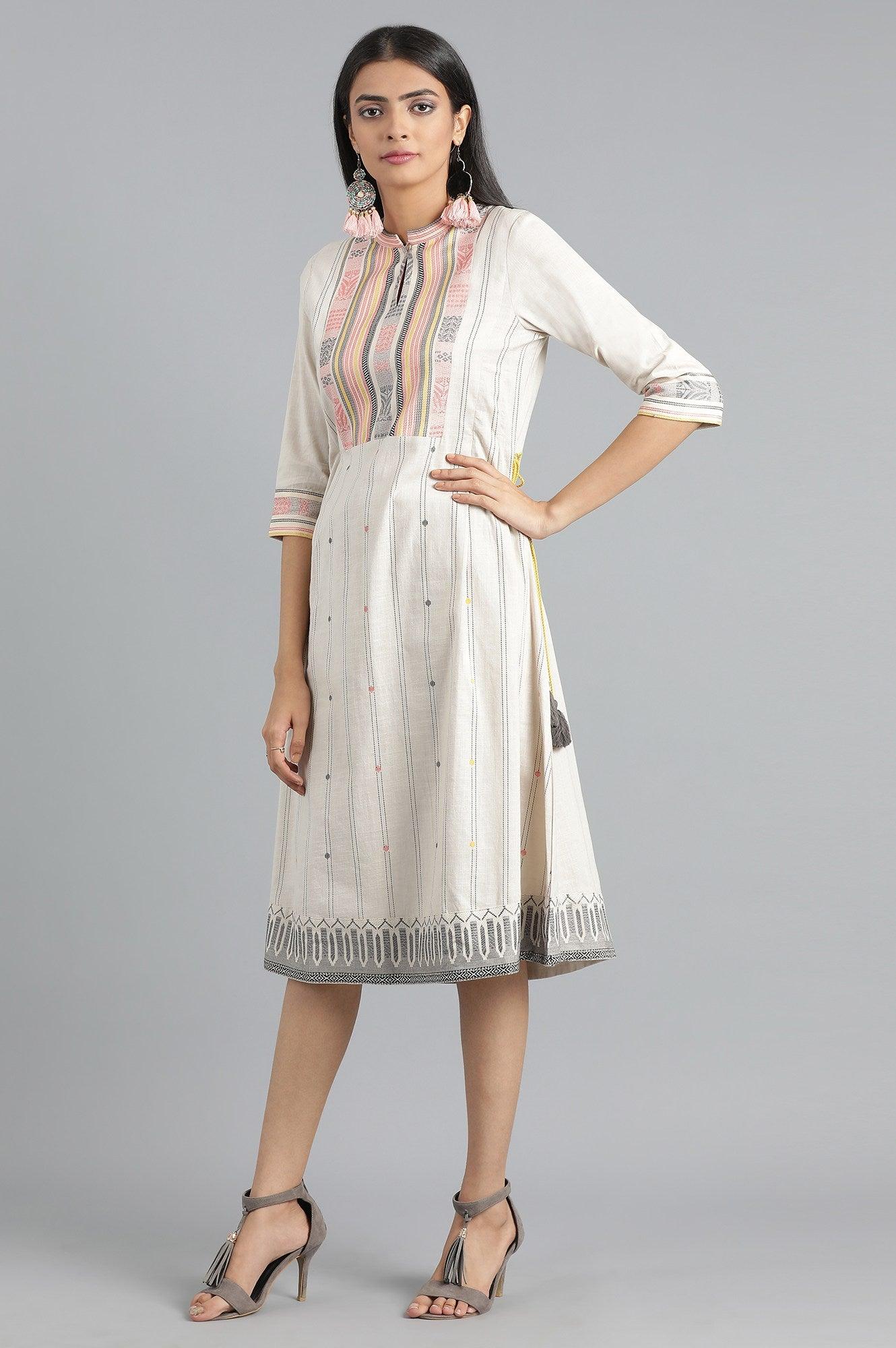 Beige Mandarin Neck Embroidered Dress - wforwoman