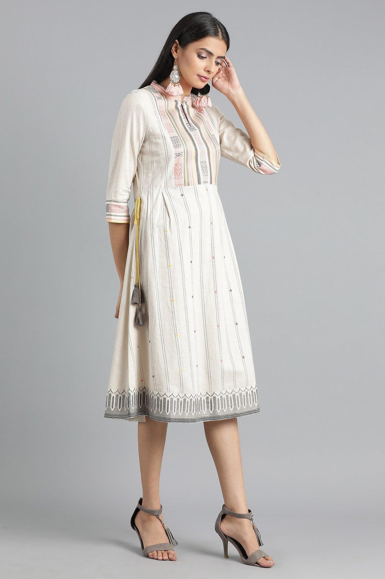 Beige Mandarin Neck Embroidered Dress - wforwoman