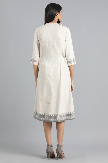 Beige Mandarin Neck Embroidered Dress - wforwoman