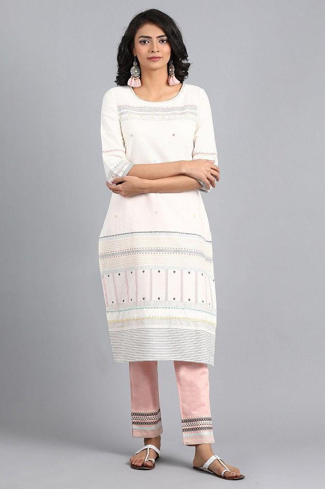 White Round Neck Printed kurta - wforwoman