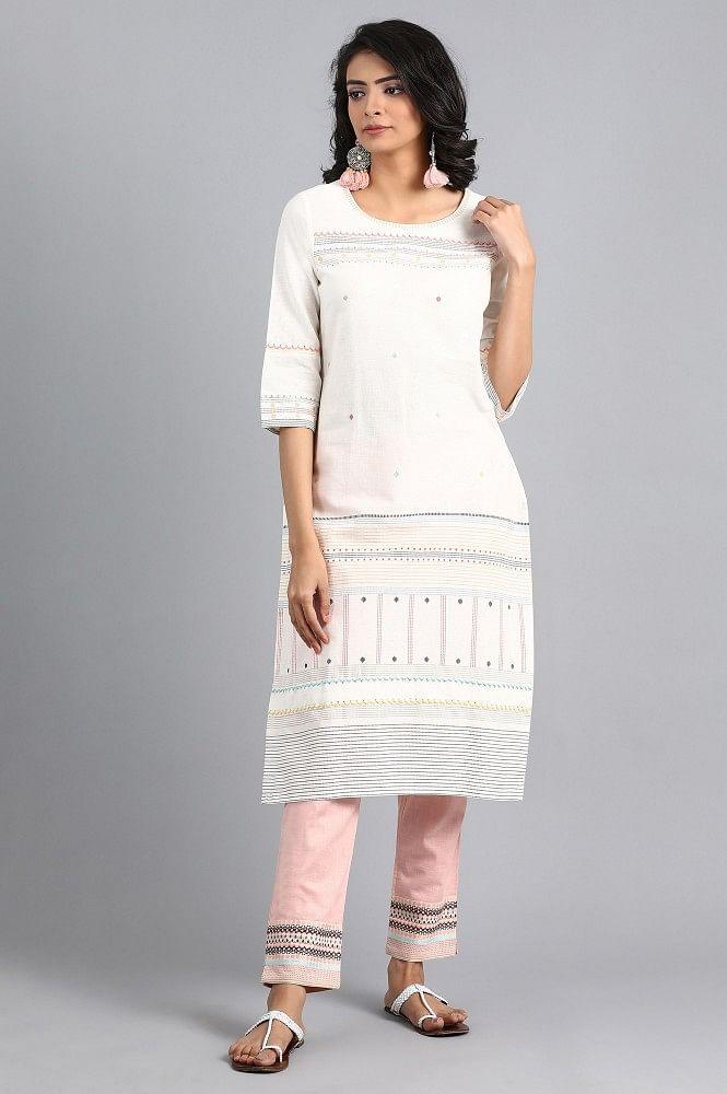 White Round Neck Printed kurta - wforwoman