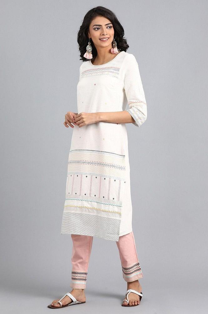 White Round Neck Printed kurta - wforwoman