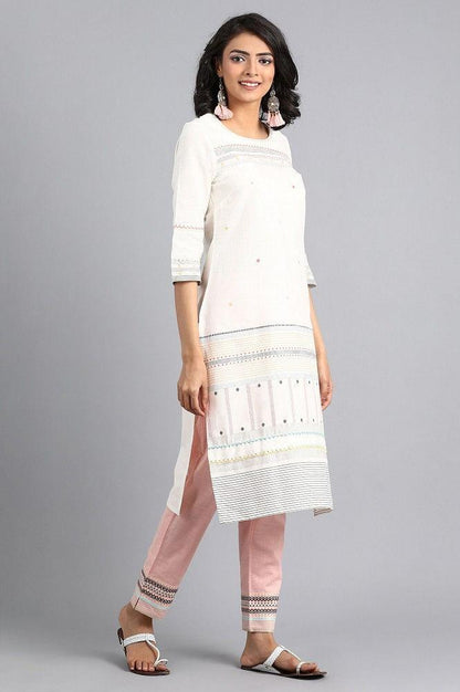 White Round Neck Printed kurta - wforwoman