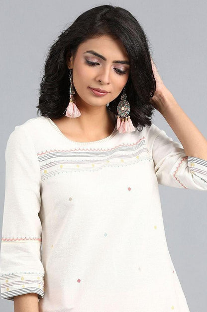 White Round Neck Printed kurta - wforwoman