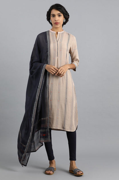 Beige Mandarin Neck Yarn-dyed kurta - wforwoman