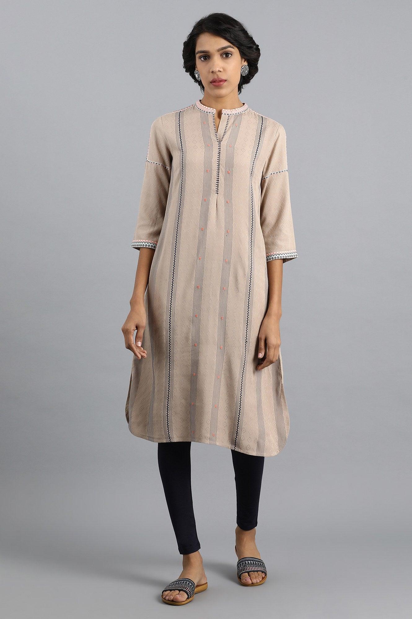 Beige Mandarin Neck Yarn-dyed kurta - wforwoman