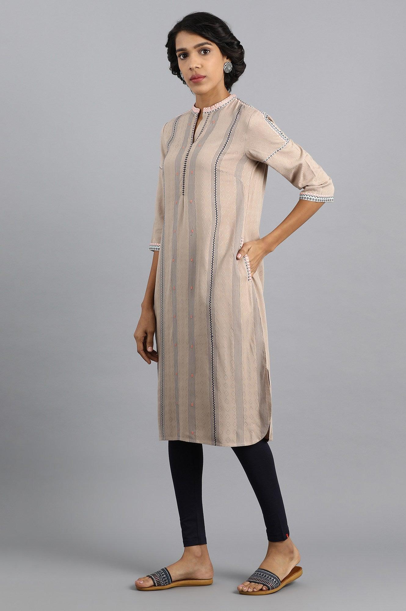 Beige Mandarin Neck Yarn-dyed kurta - wforwoman