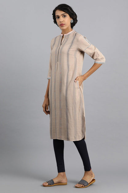 Beige Mandarin Neck Yarn-dyed kurta - wforwoman