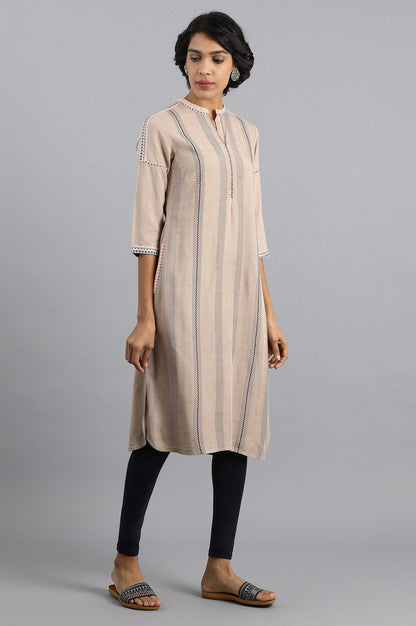 Beige Mandarin Neck Yarn-dyed kurta - wforwoman