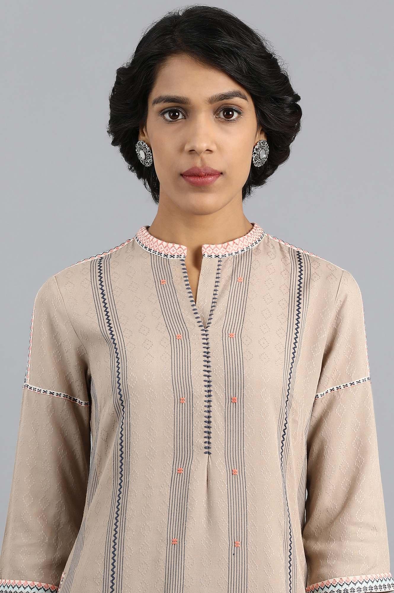 Beige Mandarin Neck Yarn-dyed kurta - wforwoman