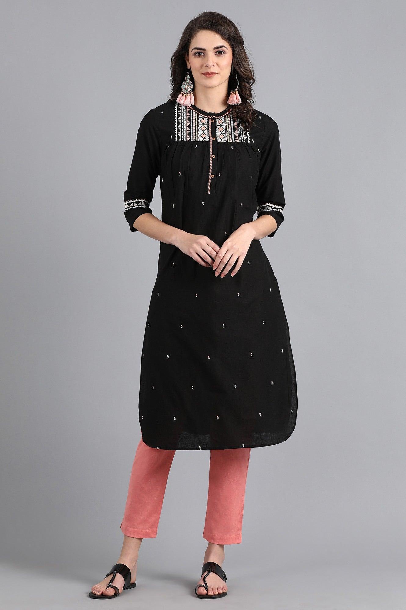 Black Mandarin Neck Embroidered kurta - wforwoman