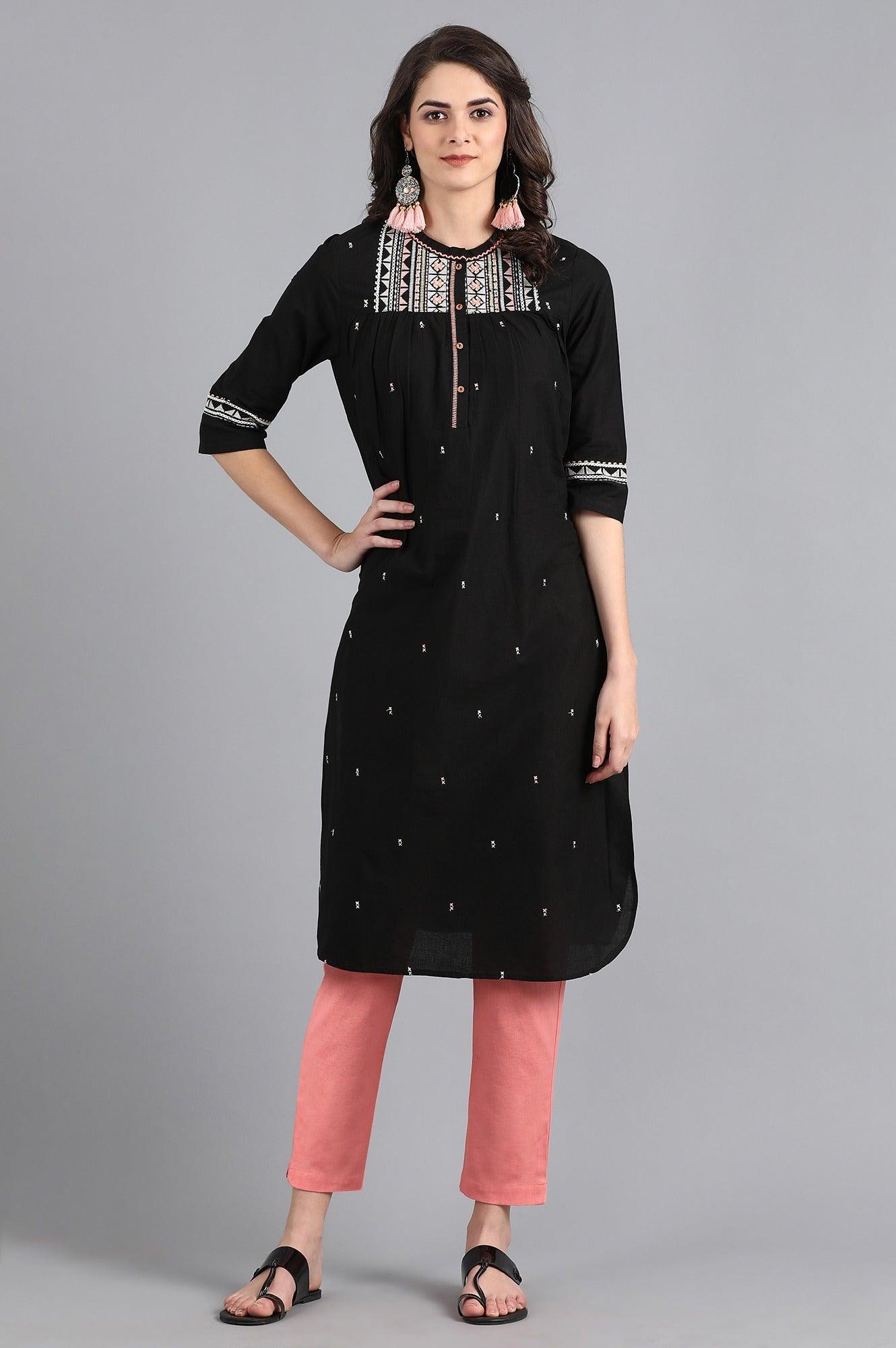 Black Mandarin Neck Embroidered kurta - wforwoman