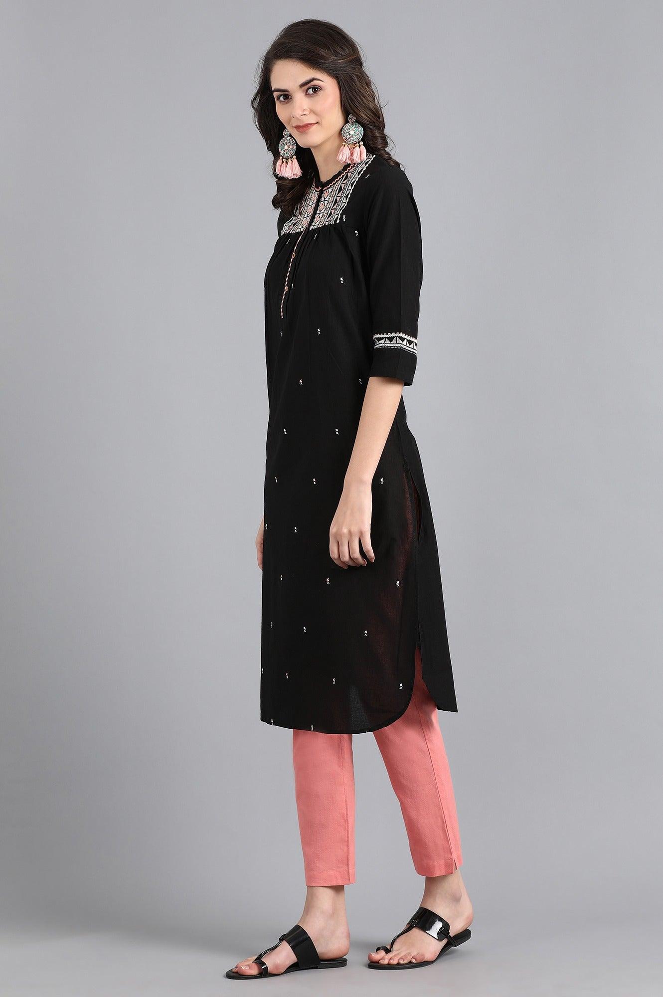 Black Mandarin Neck Embroidered kurta - wforwoman