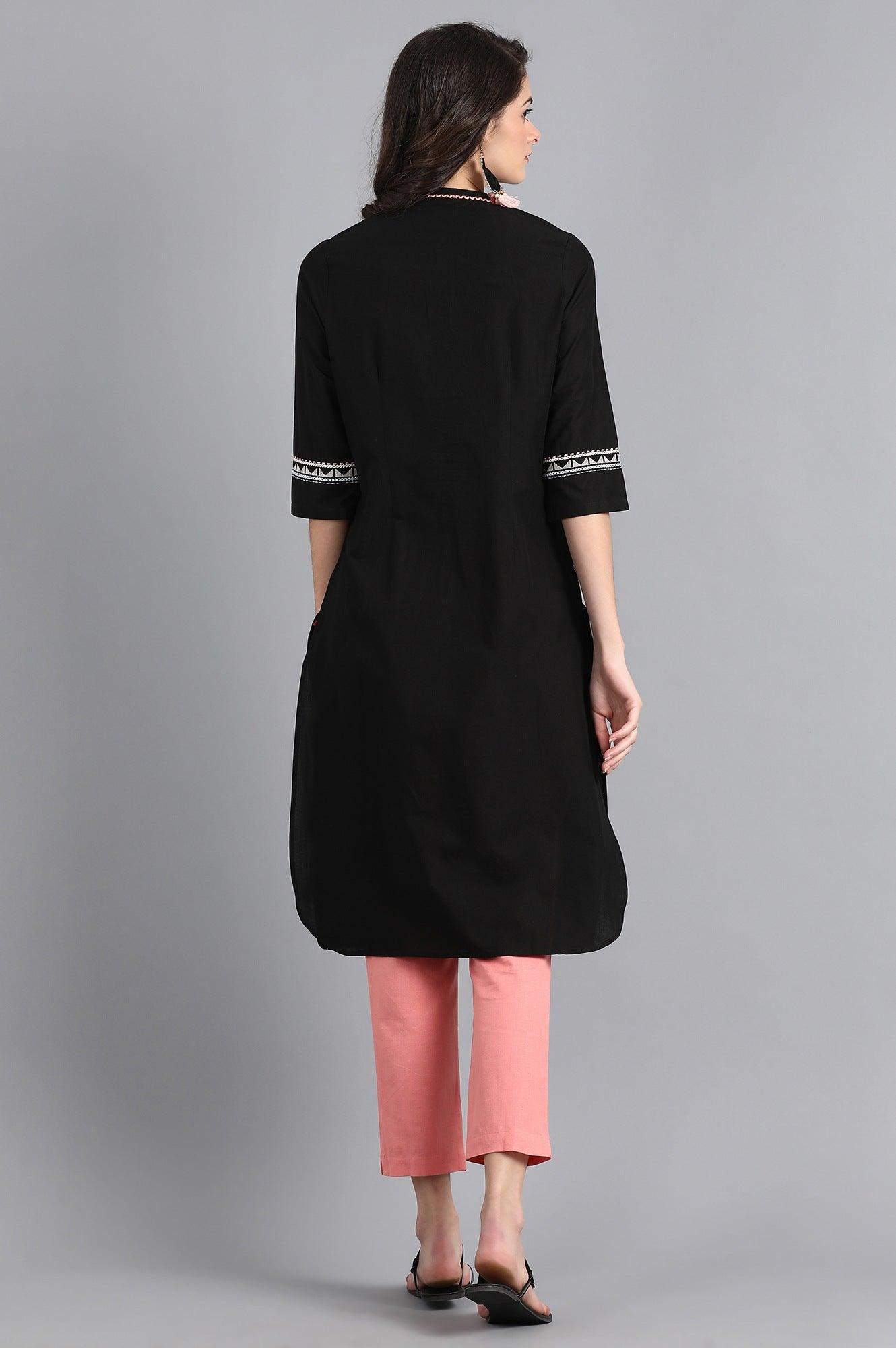 Black Mandarin Neck Embroidered kurta - wforwoman