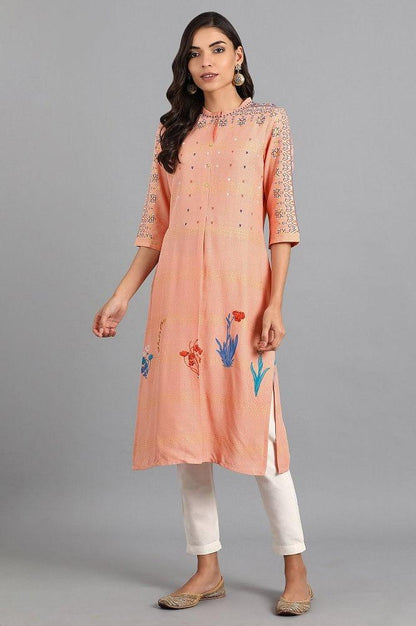 Pink Mandarin Neck Floral Print kurta - wforwoman