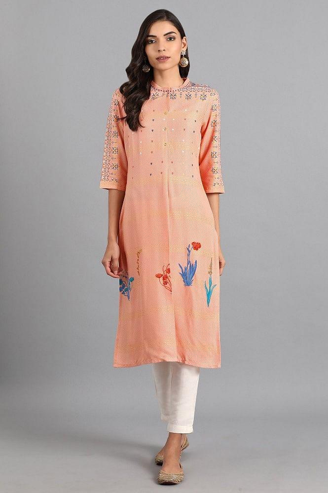 Pink Mandarin Neck Floral Print kurta - wforwoman