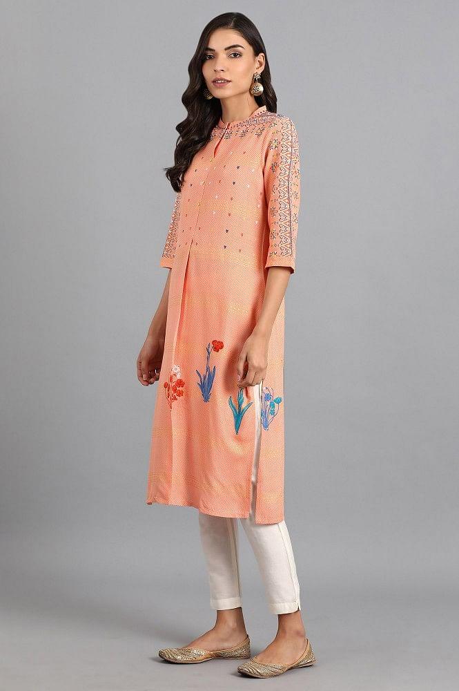 Pink Mandarin Neck Floral Print kurta - wforwoman